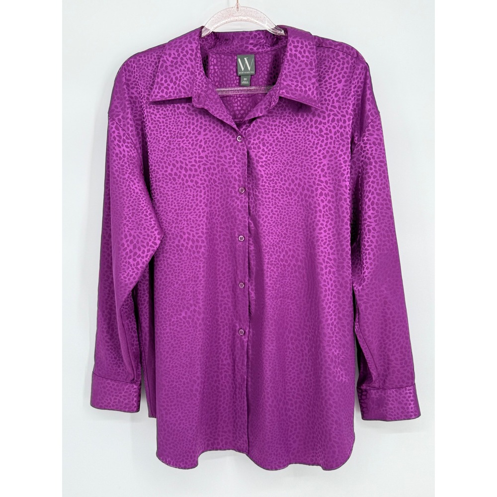 Worthington Womens Satin Button Down Shirt Tropical Orchid Sz 0X